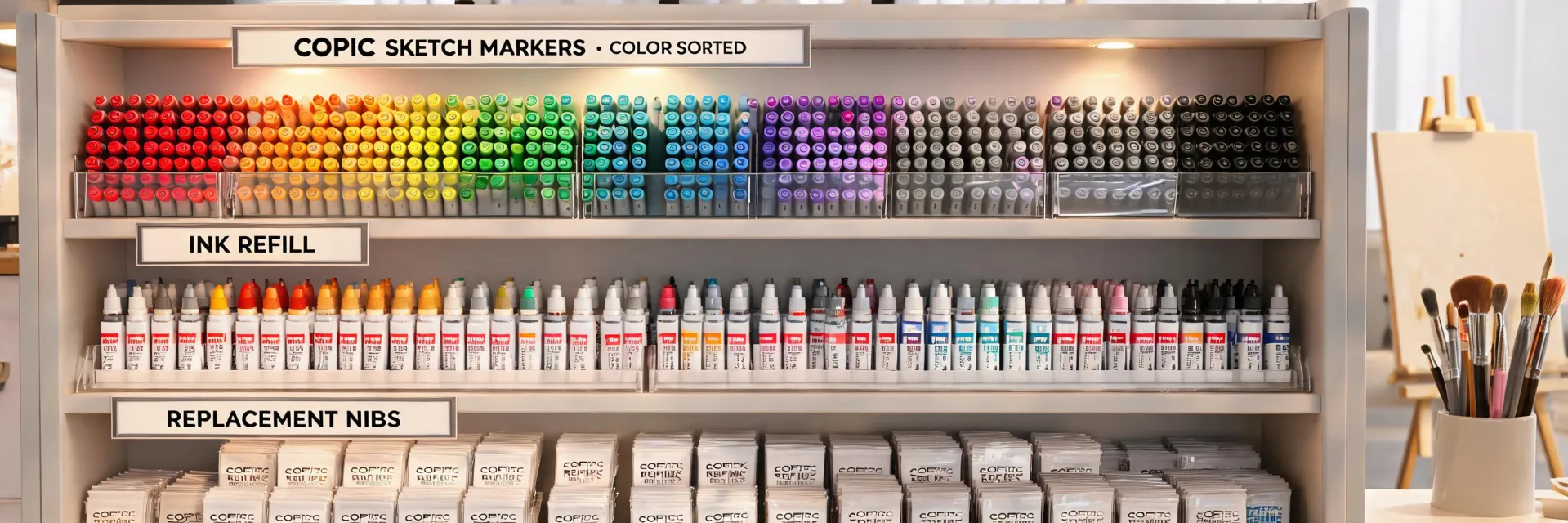 Studio supply shelf with Copic markers and refill bottles